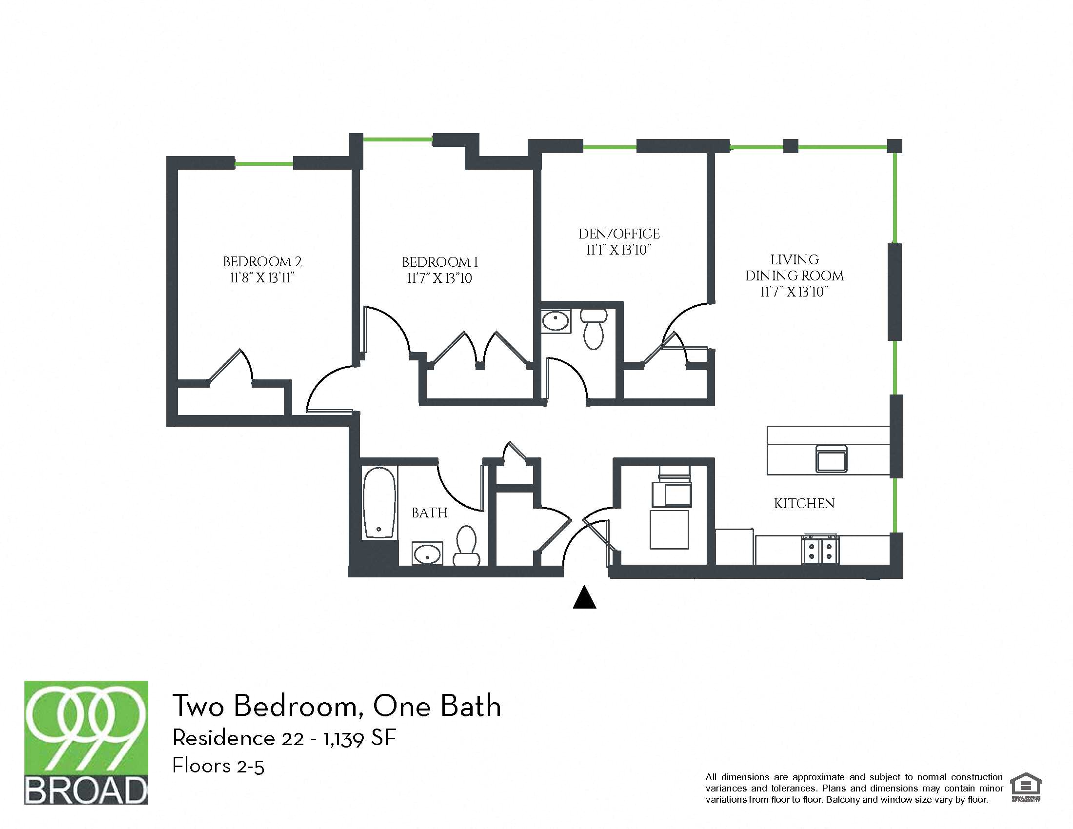 Floor plan for 2 beds, 1.5 baths, 1139 sqft